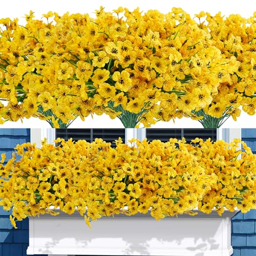 Uieke 16 Bundles Artificial Flowers Outdoor Fake Flowers for Decoration UV Resistant No Fade Faux Plastic Plants Home Garden Porch Window Box Home Party D??cor (Yellow)