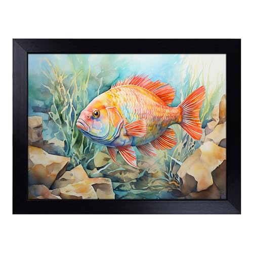 Lap Tray with Bean Bag Cushion, Fish Watercolour - Handmade in the UK, Raised Wooden Edge, Padded Cushion, Heat-Resistant Wipe-Clean Surface, for Meals, Laptops and Crafts