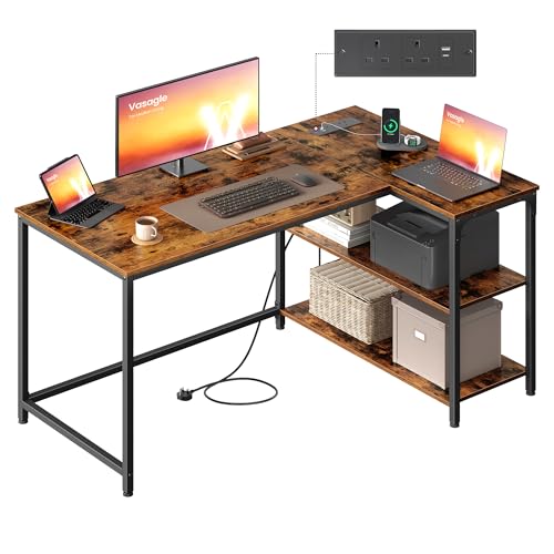 VASAGLE L Shaped Corner Desk, Computer Gaming Desk with Storage, Reversible Height-Adjustable Shelves, for Home Office, with Power Outlets 2 USB Ports, 120 x 80 cm, Rustic Brown LWD132KD02