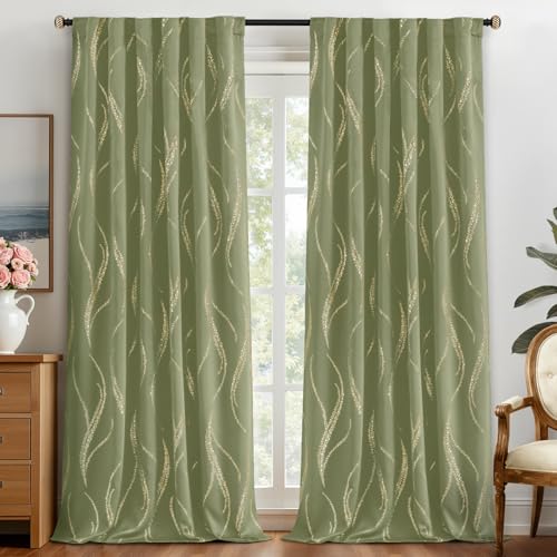 Yakamok Light Blocking Curtains 96 Inches- Silver Wave Line Dots Print Back Tab Drapes, Room Darkening Curtain, Window Panels for Living Room/Bedroom (52W x 96L Inch, Set of 2, Sage)