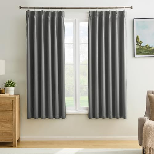 "KEQIAOSUOCAI Blackout Bedroom Curtains 63 Inches Long, Thermal Insulated Short Pinch Pleated Vertical Drapes for 62 Inch Home Office/Bay Windows/Basement(Grey,40""x63""x2 Panels)"