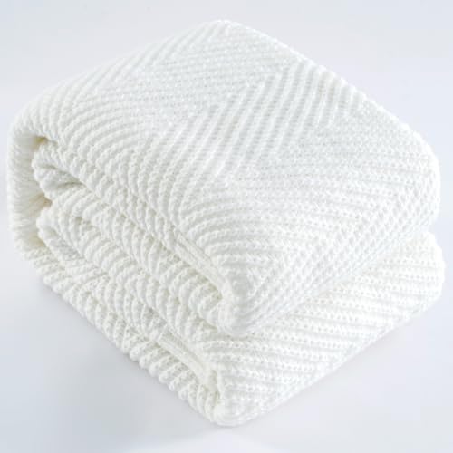 LONG CREATE Knitted Throw Blanket for Couch, 50X60 Chevron Bed Knit Throws - White Lightweight Living Room Decor, Soft Boho Bedding Blankets, Cozy Herringbone Textured, Chair Sofa Cover