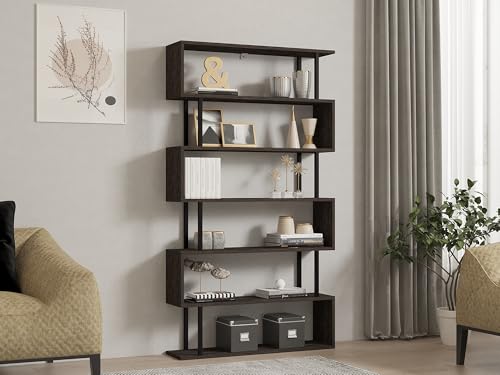 Hanah Home Stylish Anthracite Bookshelf, 90 cm x 162.6 cm x 22 cm, 100% Melamine Coated Particle Board, 18 mm Thick, Wall Mountable, Multiple Shelves for Extra Storage