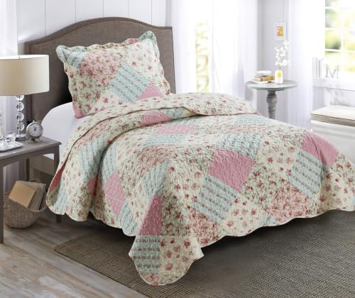 Brilliant Sunshine Patchwork Quilt Set 2 Pieces with 1 Pillow Sham, Washable Reversible Bedspread Coverlet, Soft Lightweight Coverlet for All Season, Twin/Twin XL, Pink/Green