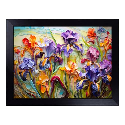 Lap Tray with Bean Bag Cushion, Iris Flower Expressionism - Handmade in the UK, Raised Wooden Edge, Padded Cushion, Heat-Resistant Wipe-Clean Surface, for Meals, Laptops and Crafts