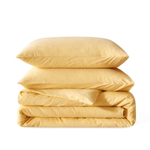 BFS HOME Stonewashed Cotton/Linen King Duvet Cover, 3-Piece Comforter Cover Set, Breathable and Skin-Friendly Bedding Set (Mustard Yellow, King)