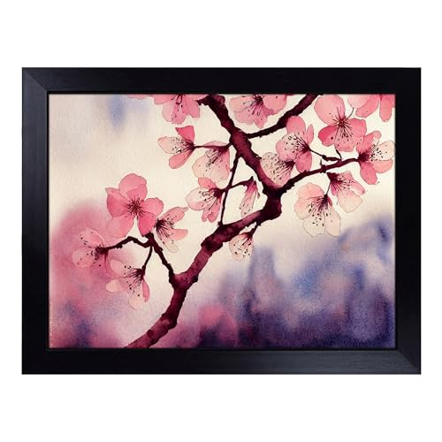 Lap Tray with Bean Bag Cushion, Cherry Blossom Flower Watercolour - Handmade in the UK, Raised Wooden Edge, Padded Cushion, Heat-Resistant Wipe-Clean Surface, for Meals, Laptops and Crafts