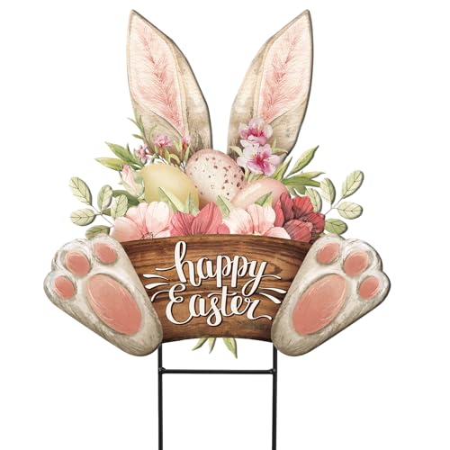 Amyhill Happy Easter Outdoor Decor Metal Garden Stakes 25 Inch Bunny Welcome Yard Signs Easter Rabbit Egg Decorations Outdoor Decorative Garden Stakes Spring Decorations Patio Lawn Walkway