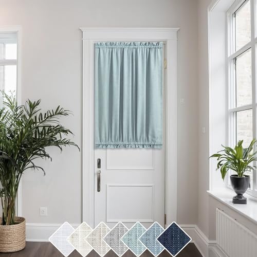 KOUFALL Front Door Curtan for Glass Door Half Window Privacy Protected Light Filtering Rod Pocket Linen Blend Small Curtain Bonus 1 Tie Back 52 x 40 Inch Length Single Panel Teal Gray Sea Green