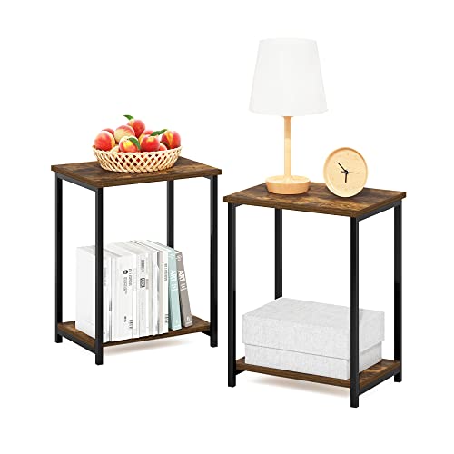 Furinno SIMPLISTIC Side Table Set of 2, 2-Tier Metal Frame End Table with Open Shelf, Night Stand, Bedside Table, for Living Room, Bedroom, Amber Pine