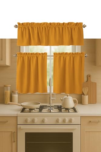 Softopia Cotton 3 Pieces Window Curtain Tiers and Valance Set- 100% Cotton Half Short Window Curtains 2 Tiers & 1 Valance Farmhouse Vintage Curtains for Kitchen Bathroom Living Room- Mustard Yellow