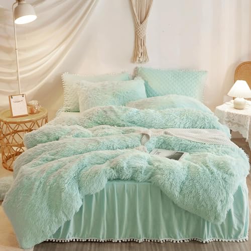 HAIHUA Fuzzy Mint Green Comforter Cover Queen Set, Soft Furry Plush Mint Green Bedding Queen Set 3 Pieces (1 Faux Fur Duvet Cover + 2 Fluffy Pillow Cases) Shaggy Bed Set, Zipper Closure