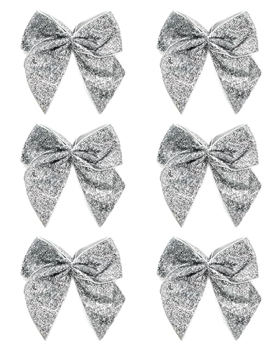 Italian Options Large Sparkle Ribbon Bows, Self-Adhesive Glittering Big Bow for Present Wrapping, Gifts, Bows for Christmas Tree, Wreaths, Crafting Accessories, Silver, 6 Pack, 10 cm