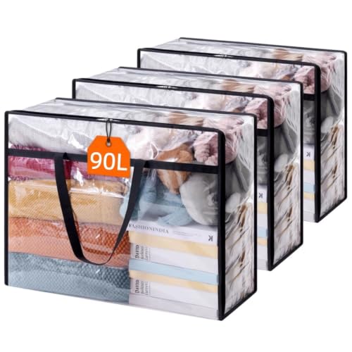 3 Pack 90L Clear PVC Storage Bags, Large Foldable Clothes Organizer with Reinforced Handles & Zipper, Waterproof Dustproof Storage Tote for Comforters, Blankets, Bedding, Moving