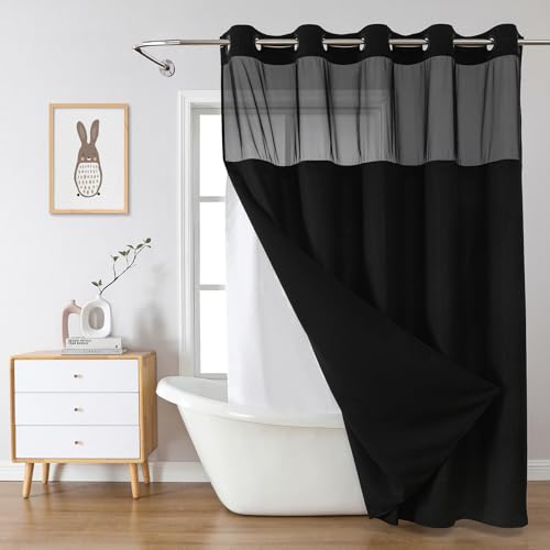 eachope Black No Hook Waffle Weave Shower Curtain with snap-in liner replacement, 230GSM Waterproof Fabric Hotel Shower Curtain Set for Bathroom, Through Mesh Top Window,71Wx74H