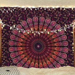 Bless International Handmade Indian hippie Bohemian Psychedelic Peacock Mandala Wall hanging College Dorm Beach Throws Table Cloth Bedding Tapestry (Golden Pink Blue, Medium(54x60Inches)(137x152cms))