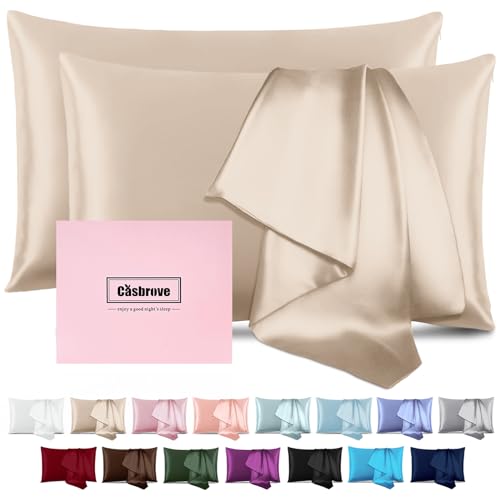 Silk Pillow Cases 2 Pack Mulberry Silk Pillow Cases Soft Breathable Both Sided Natural Silk Pillowcase with Zipper Beauty Sleep Silk Pillow Cases for Gift(Queen,Champagne)