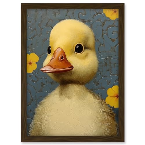 Artery8 Duckling with Flowers Oil Painting Kids Bedroom Baby Nursery Duck Artwork Framed A3 Wall Art Print