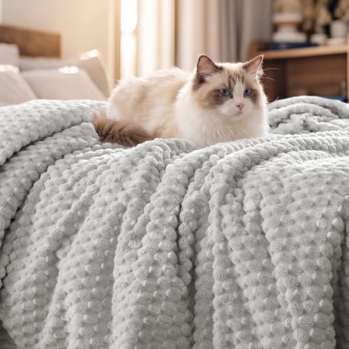 "PHF Ultra Soft Flannel Fleece Throw Blanket, Lightweight 3D Jacquard Fleece Blanket, No Shedding, No Pilling, Luxury 340GSM Aesthetic Fluffy Cozy Throws for Couch Room Decor, 50""x60"", Light Grey"