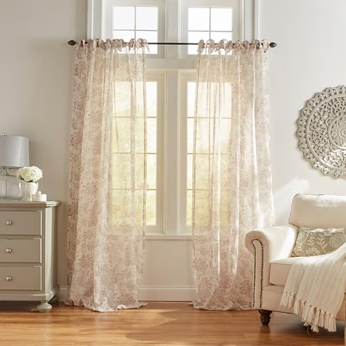 "Elrene Home Fashions Westport Floral Tie-Top Sheer Window Curtain, 52"" x 95"" (1 Panel), Flax"