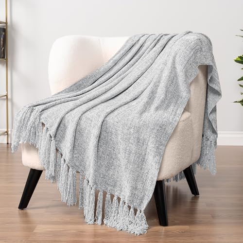 PAVILIA Light Gray Chenille Throw Blanket for Couch, Soft Grey Knit Blanket with Tassel Fringe, Woven Chenille Knitted Decorative Blanket for Sofa Bed Living Room, Decor Gift, 50x60