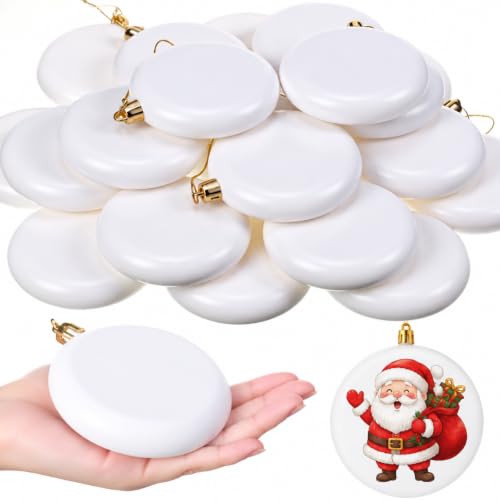 Foilswirl 30 Pcs Christmas Blank White Ball Ornaments 3.15 Inch Plastic White Matte Flat Discs Ball Christmas Tree Hanging Decorations DIY Xmas Ornaments for Adult Painting(Gold)