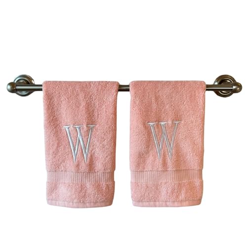 Pink with White Monogrammed Hand Towels for Bathroom - Set of 2 Letter W - Luxury Hotel Quality Initial Towels For Powder Room, Spa, GOTS Organic Certified