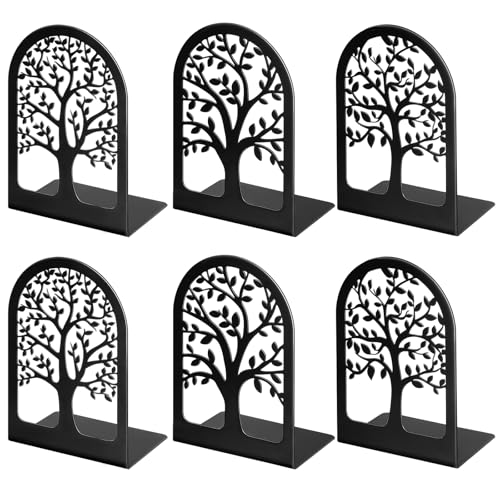 HappyHapi Black Metal Bookends, 3 Pairs (6 Pcs), L-Shaped, Non-Slip, 7 x 4.7 x 3.5 Inch, Tree Design, Decorative, Office/Home