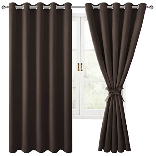Hiasan Grommet Blackout Curtains for Bedroom, 60 x 72 Inches - Thermal Insulated & Light Blocking Window Drapes for Living Room/Dorm Room, Set of 2 Panels Sewn with Tiebacks, Brown