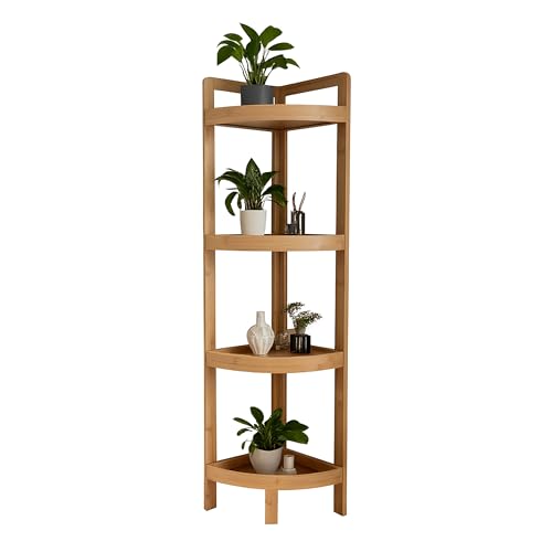 Relaxdays Bamboo Corner Shelf, 4 curved shelves, HWD: 105.5x23x23 cm, space-saving for bathroom & kitchen, natural