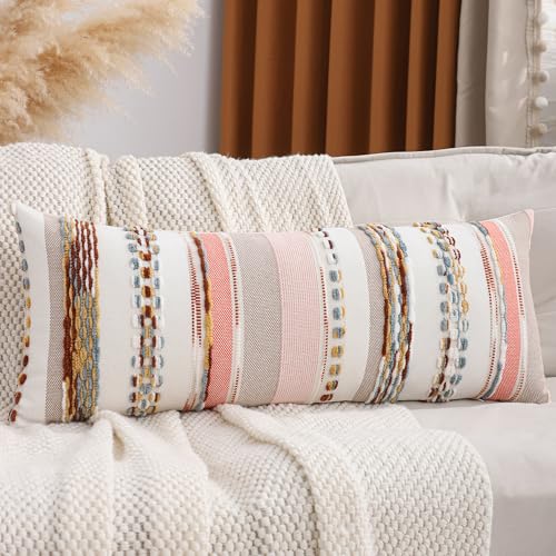 Tosleo Boho Lumbar Throw Pillow Cover 14x36 Long Body Lumbar Decorative Pillow Case Accent Chenille Striped Pillowcase Farmhouse Cushion Case Bohemian Nuetral Textured Pillow Cover Orange (1 Piece)