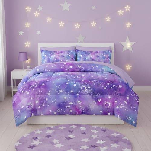 QOOMO Purple Galaxy 7 Pieces Comforter Set Queen Size,Constellation Bedding Set for Kids Teens Girls-Include 1 Comforter,1 Fitted Sheet,1 Flat Sheet,2 Printing Pillowcases and 2 Black Pillowcases