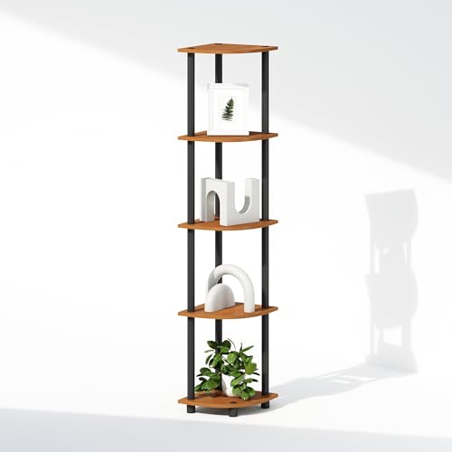 Furinno TURN-N-TUBE Corner Shelf, 5-Tier Corner Display Rack, Shelving Unit, for Organization and Storage, Living Room, Home Office, Garage, Bedroom, Light Cherry Oak