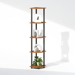 Furinno TURN-N-TUBE Corner Shelf, 5-Tier Corner Display Rack, Shelving Unit, for Organization and Storage, Living Room, Home Office, Garage, Bedroom, Light Cherry Oak