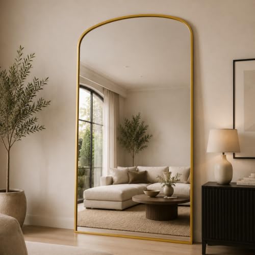 "MirrorOutlet The Angustus - Gold Metal Framed Modern Shallow Arched Wall and Leaner Mirror 79"" X 39"" (200CM X 100CM) Black. 2cm Wide Frame and 3cm Deep.…,200 x 100cm"