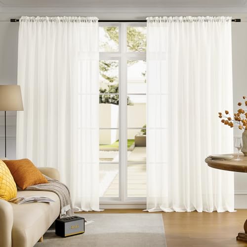 "MYSTIC-HOME Sheer Curtains Ivory 95 Inches Long, 108 Inch Width Window Treatments Rod Pocket Drapes for Living Room, Bedroom, Semi Extra Wide Sheer Curtains for Patio, Villa, 108""x 95"", 2 Panels"