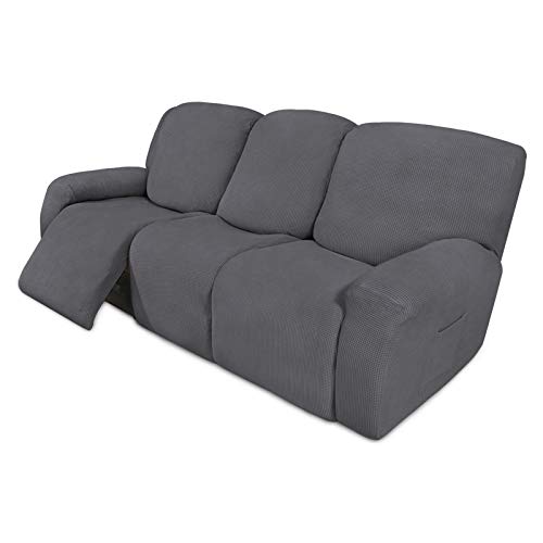 Easy-Going 8 Pieces Recliner Sofa Stretch Sofa Slipcover Sofa Cover Furniture Protector Couch Soft with Elastic Bottom Kids, Spandex Jacquard Fabric Small Checks Grey