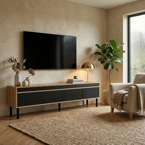 39F Furniture Dream Modern TV Cabinet, 4-Door Lowboard with Striped Doors, Black & Natural Wood, Push-to-Open, Wooden Legs, Cable Management, 170cm, Living Room Storage Unit
