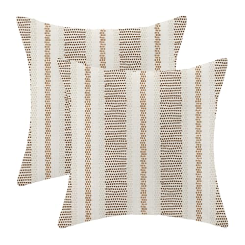 AEIOAE Brown Tan Outdoor Pillow Covers 18 x 18 Inch,Fall Boho Polka Dots Striped Decor Throw Pillows for Couch Bed,Geometric Farmhouse Decorative Pillowcase Linen Cushion Cover Set of 2