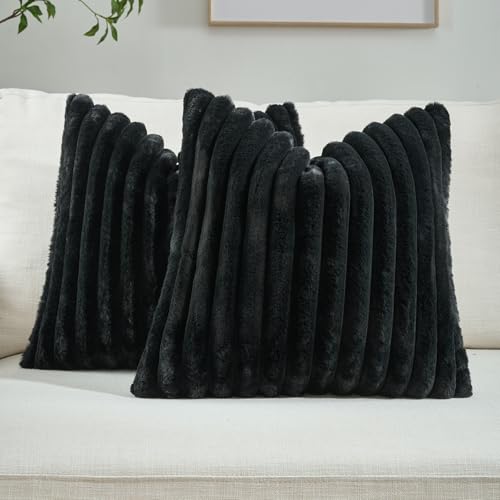 FUTEI Pack of 2 Fluffy Faux Fur Throw Pillow Covers 20x20 Inch Elegant Striped Textured Decorative Cushion Cases Modern Accent Pillow for Couch Bed Living Room, Black