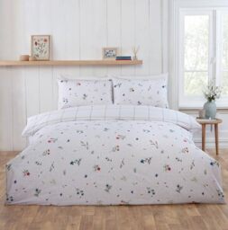 Rapport Home Meadow Brushed Cotton Duvet Cover Set - 100% Cotton Flannelette Super King Floral Bedding Set, White