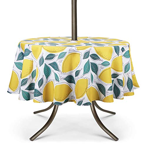 "UMINEUX 60"" Outdoor Round Tablecloth with Umbrella Hole and Zipper - Spring/Summer Waterproof Round Patio Table Cover for Picnic/BBQ/Garden, Lemon"