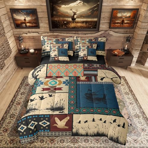 Erosebridal 7 Pieces Boys Wild Duck Fish Bedding Set Twin Size - Hunting and Fishing Comforter Set for Kids Teens Adults Rustic Cabin Lodge Bed in A Bag Rural Country Farmhouse Animal Quilt Sets