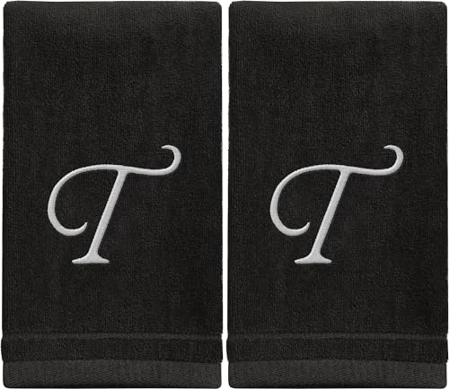 Monogrammed Towels Fingertip, Personalized Gift, 11 x 18 Inches - Set of 2 White Embroidered Towel - Extra Absorbent 100% Cotton - Soft Velour Finish - For Bathroom/Kitchen/Spa - Initial T (Black)