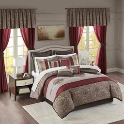 "Madison Park All Season Luxury Bedding, Sheets, Decorative Pillows and Curtains, Valance, Polyester, Delaney, Medallion Red, King(104""x92"")"