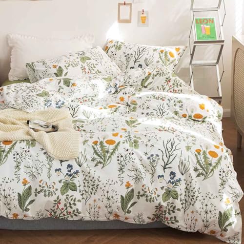 Floral Duvet Cover King Size - Blue Green Yellow White Flower Leaf Botanical Pattern Soft Microfiber Comforter Quilt Cover Set - 3PC 104 X 90 Lightweight Bedding, Farmhouse Style Bedroom for Women Men