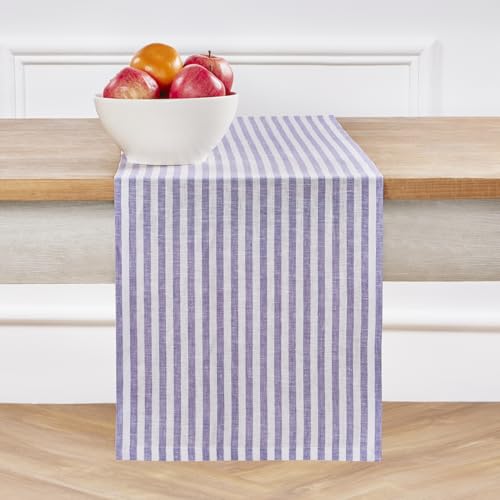 Solino Home 100% Linen Table Runner, 14 x 90 in, Violet and White Striped - Amalfi Stripe Table Runners for dining and console tables - woven stripe, mitered corners - Pure Linen - OEKO-TEX Certified