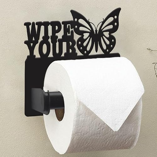 Wigag Metal Toilet Paper Holder, Wall Mounted, Matte Black, Butterfly Design, Mega Roll Compatible, Farmhouse Style