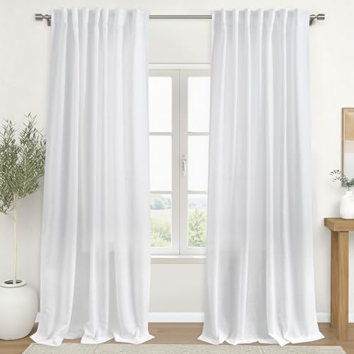 KOUFALL 60x108 Inches Long White Sheer Curtains for Living Room 2 Panels Set Back Tab Rod Pocket Semi Privacy Light Filtering Linen Drapes