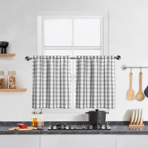 "Bapawfish Gray White Buffalo Plaid Cafe Curtains 36 Inches Long - Buffalo Check Kitchen Tier Curtains,Gingham Rod Pocket Short Tier Curtain for Kitchen Bathroom Window,28""x36""x2,Silver/Grey"